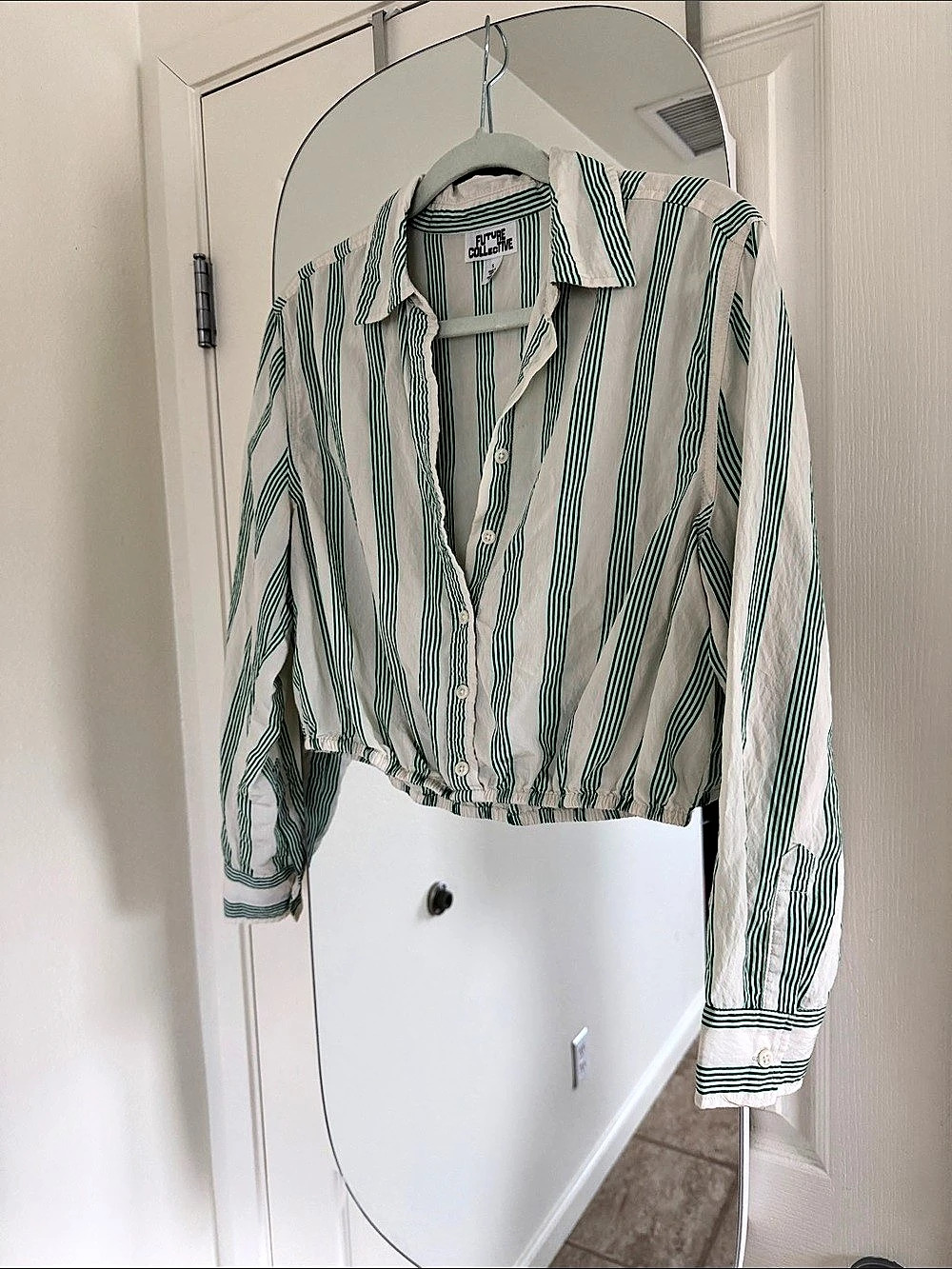 Future Collective Long Sleeve Collared Button-Down Shirt White & Green Small